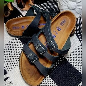BIRKENSTOCK FLORIDA BLACK LEATHER SIZE 36 (5.5) MEDIUM WIDTH in EUC